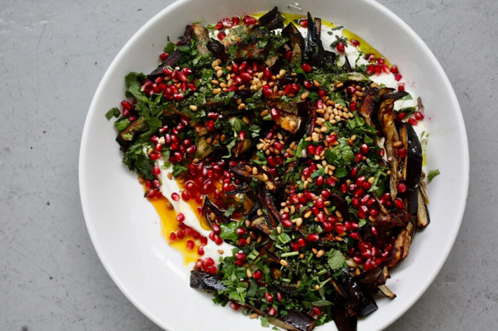 Roasted eggplant and pomegranate salad